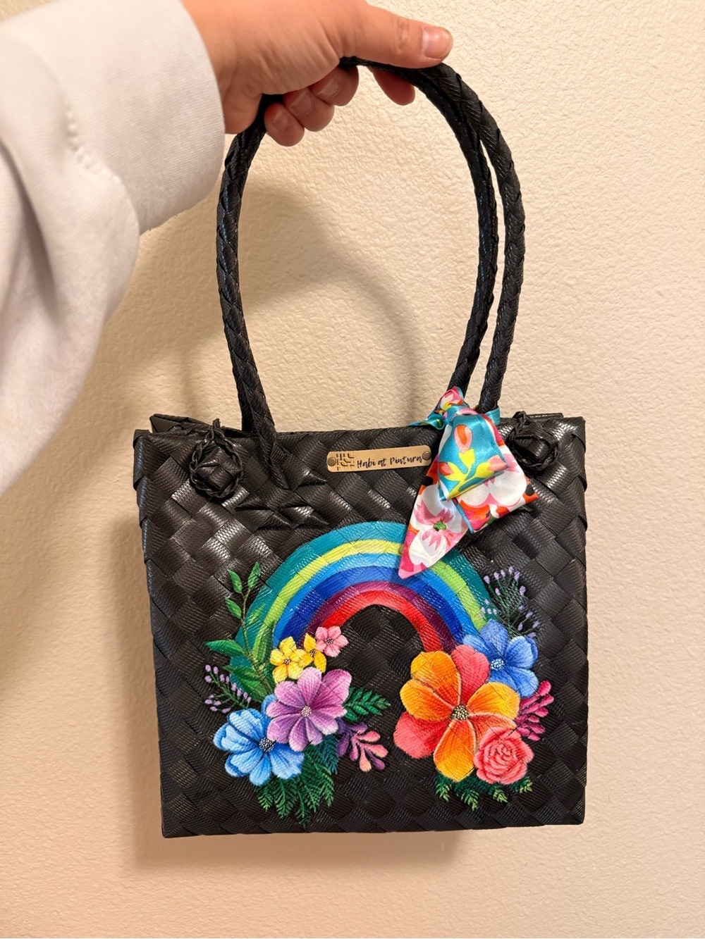 Habi at Pintura Rainbow Floral Plastic Bayong Waterproof Tote Bag Black